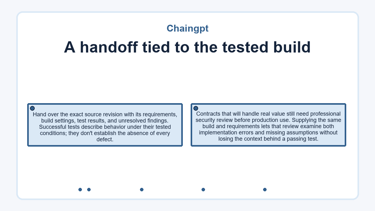 A handoff tied to the tested build: Hand over the exact source revision with its requirements, build settings, test results, and unresolved findings. Successful tests describe behavior under their tested conditions; they don't establish the absence of every defect.; Contracts that will handle real value still need professional security review before production use. Supplying the same build and requirements lets that review examine both implementation errors and missing assumptions without losing the context behind a passing test.
