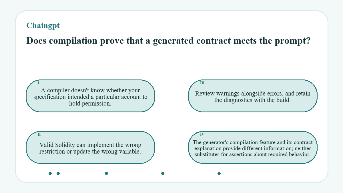 Does compilation prove that a generated contract meets the prompt?: A compiler doesn't know whether your specification intended a particular account to hold permission.; Valid Solidity can implement the wrong restriction or update the wrong variable.; Review warnings alongside errors, and retain the diagnostics with the build.; The generator's compilation feature and its contract explanation provide different information; neither substitutes for assertions about required behavior.