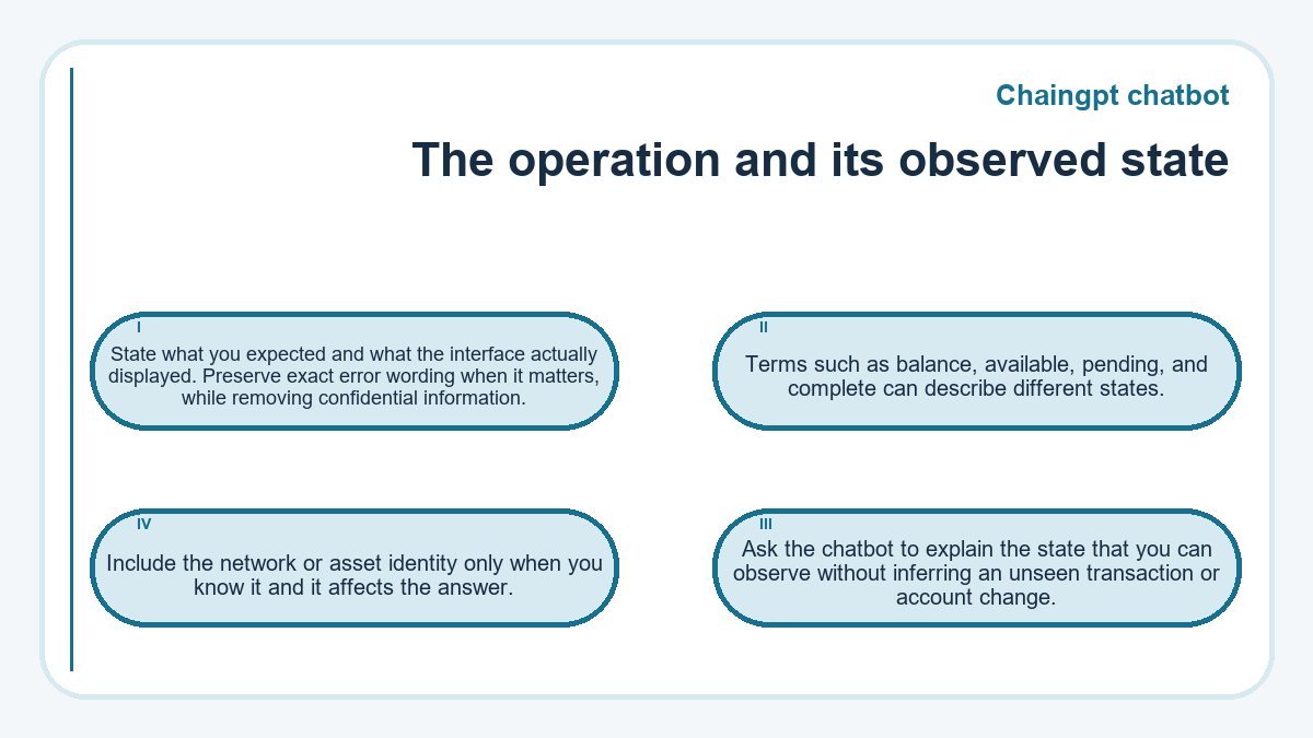The operation and its observed state: State what you expected and what the interface actually displayed. Preserve exact error wording when it matters, while removing confidential information.; Terms such as balance, available, pending, and complete can describe different states.; Ask the chatbot to explain the state that you can observe without inferring an unseen transaction or account change.; Include the network or asset identity only when you know it and it affects the answer.