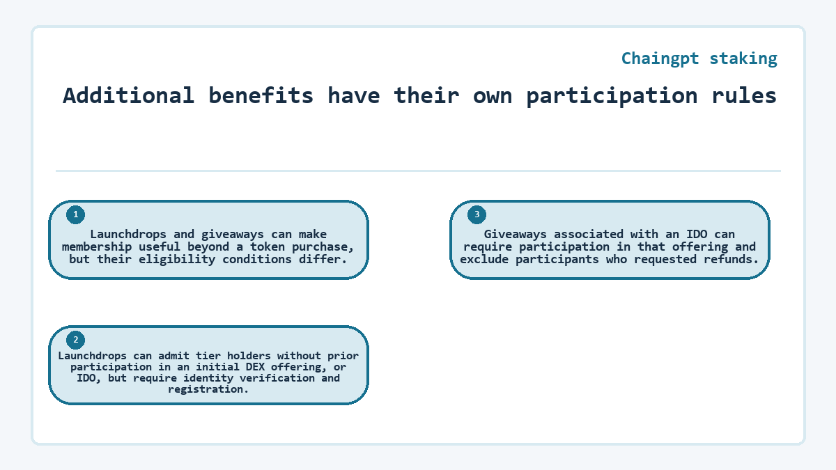Additional benefits have their own participation rules: Launchdrops and giveaways can make membership useful beyond a token purchase, but their eligibility conditions differ.; Launchdrops can admit tier holders without prior participation in an initial DEX offering, or IDO, but require identity verification and registration.; Giveaways associated with an IDO can require participation in that offering and exclude participants who requested refunds.