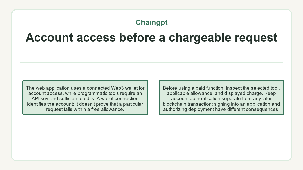 Account access before a chargeable request: The web application uses a connected Web3 wallet for account access, while programmatic tools require an API key and sufficient credits. A wallet connection identifies the account; it doesn't prove that a particular request falls within a free allowance.; Before using a paid function, inspect the selected tool, applicable allowance, and displayed charge. Keep account authentication separate from any later blockchain transaction: signing into an application and authorizing deployment have different consequences.