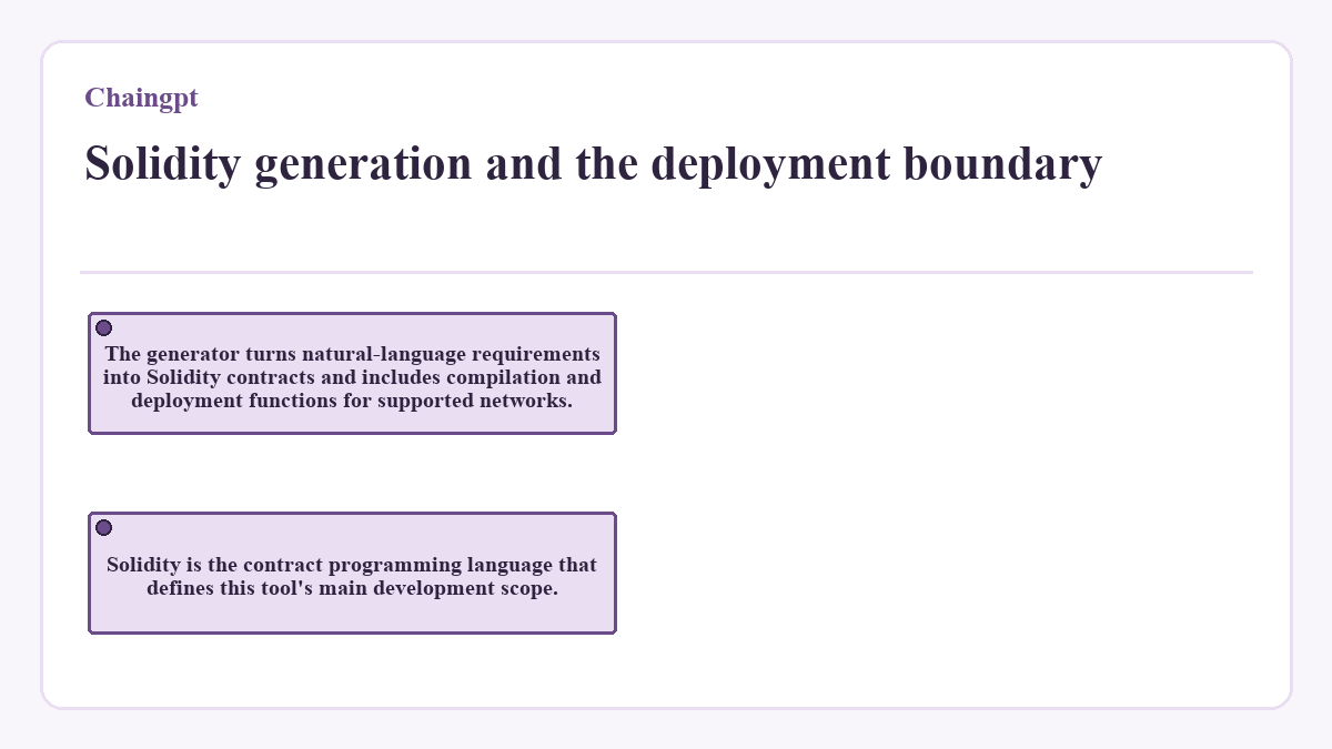 Solidity generation and the deployment boundary: The generator turns natural-language requirements into Solidity contracts and includes compilation and deployment functions for supported networks.; Solidity is the contract programming language that defines this tool's main development scope.