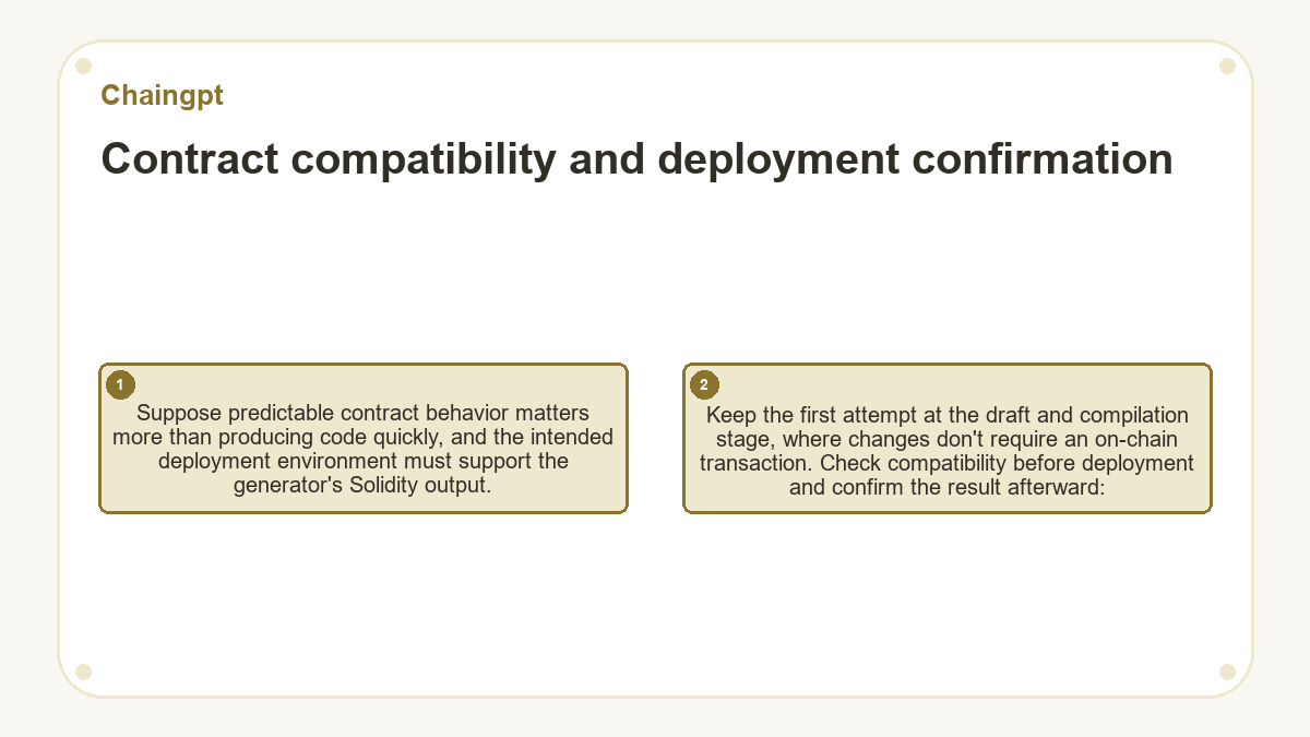 Contract compatibility and deployment confirmation: Suppose predictable contract behavior matters more than producing code quickly, and the intended deployment environment must support the generator's Solidity output.; Keep the first attempt at the draft and compilation stage, where changes don't require an on-chain transaction. Check compatibility before deployment and confirm the result afterward: